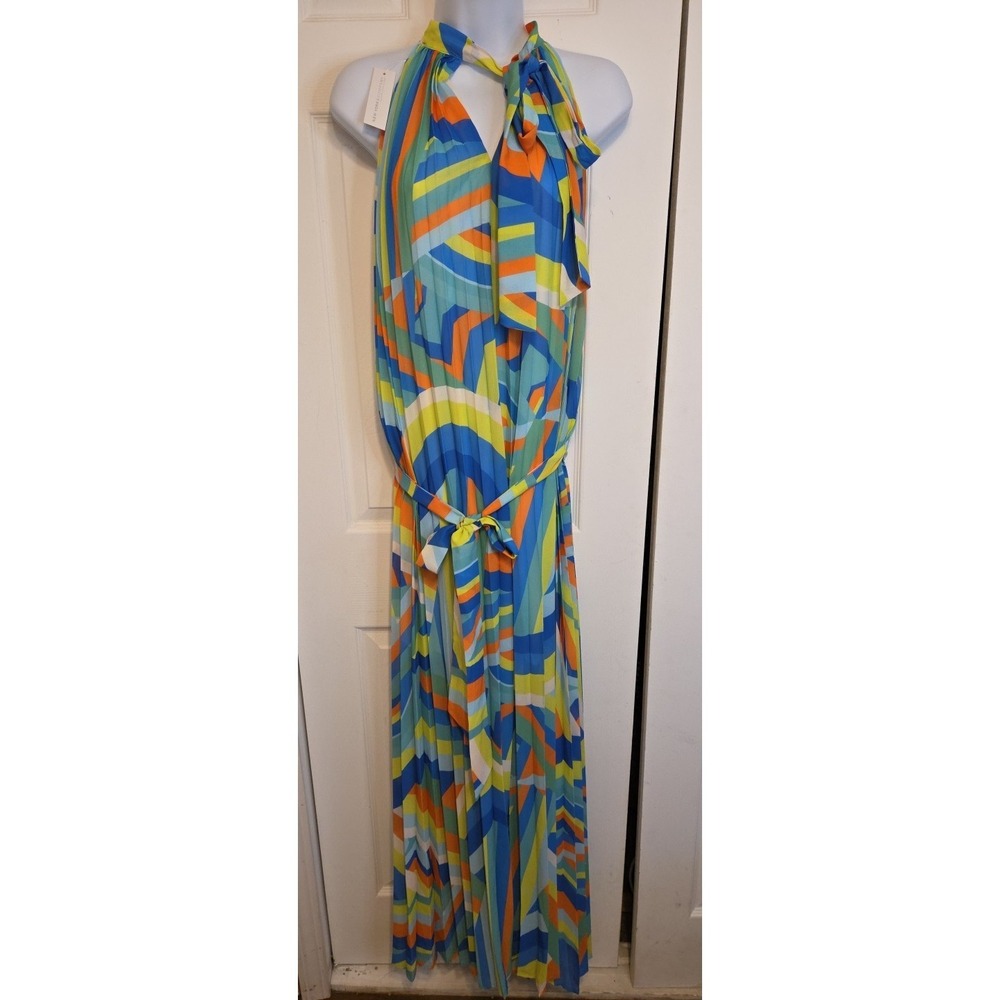New York & Company Flying Tomato L Rainbow Stripe Halter Maxi Dress Boho NEW